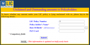 LIC Login Unclaimed Amounts of Policyholders