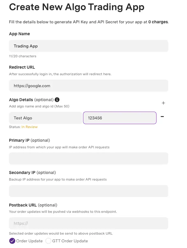 App form showing Algo ID in review status