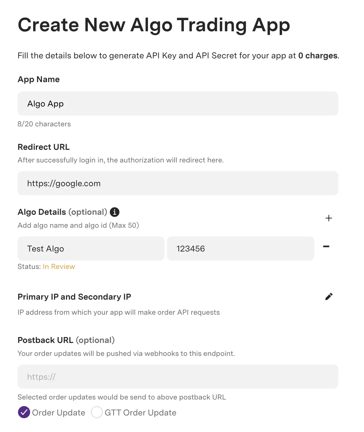 App form showing Algo ID in review status