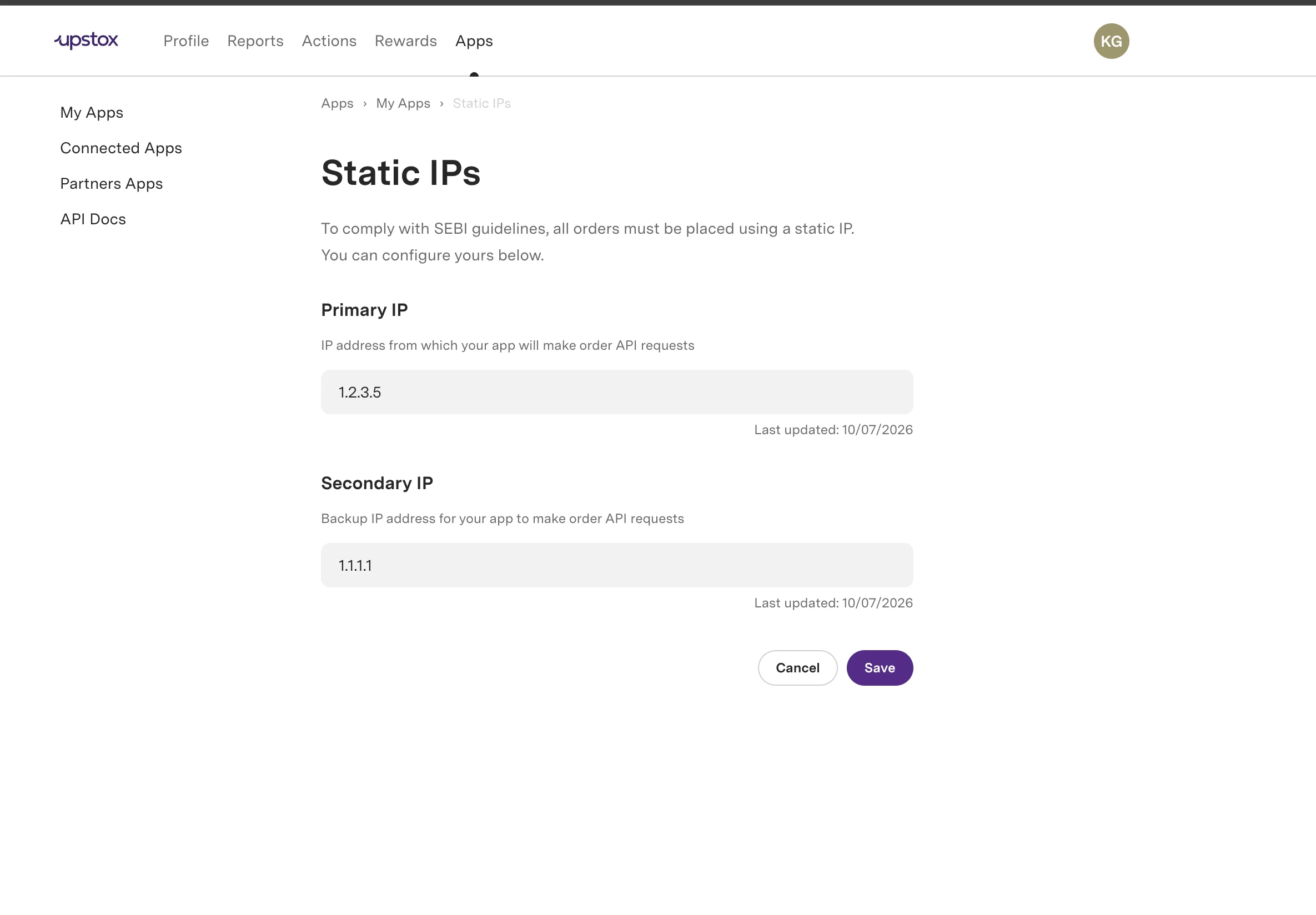 App creation form with Primary IP and Secondary IP fields