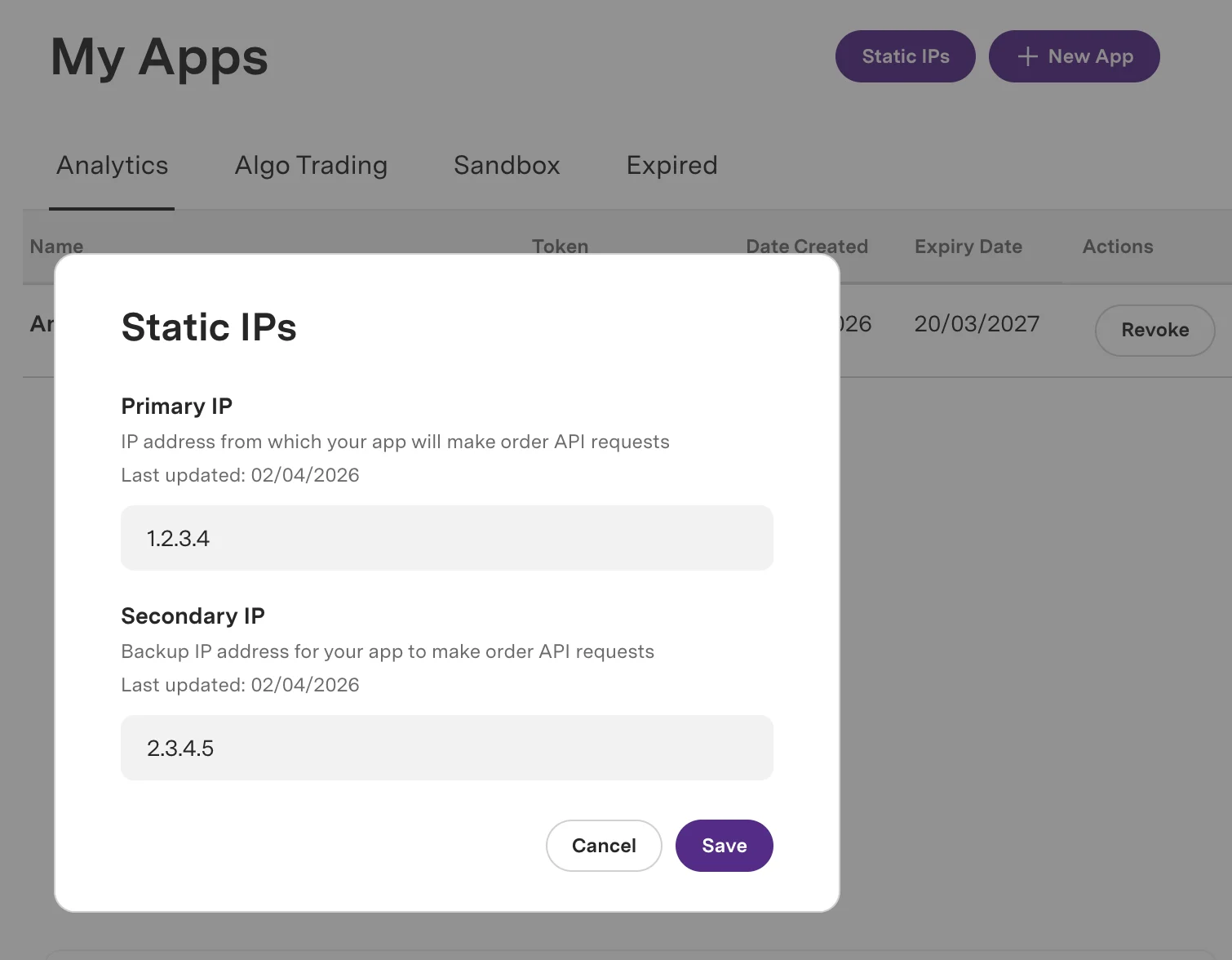 App creation form with Primary IP and Secondary IP fields