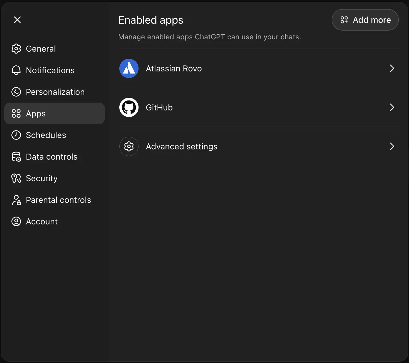 ChatGPT Settings with Apps section visible in the sidebar