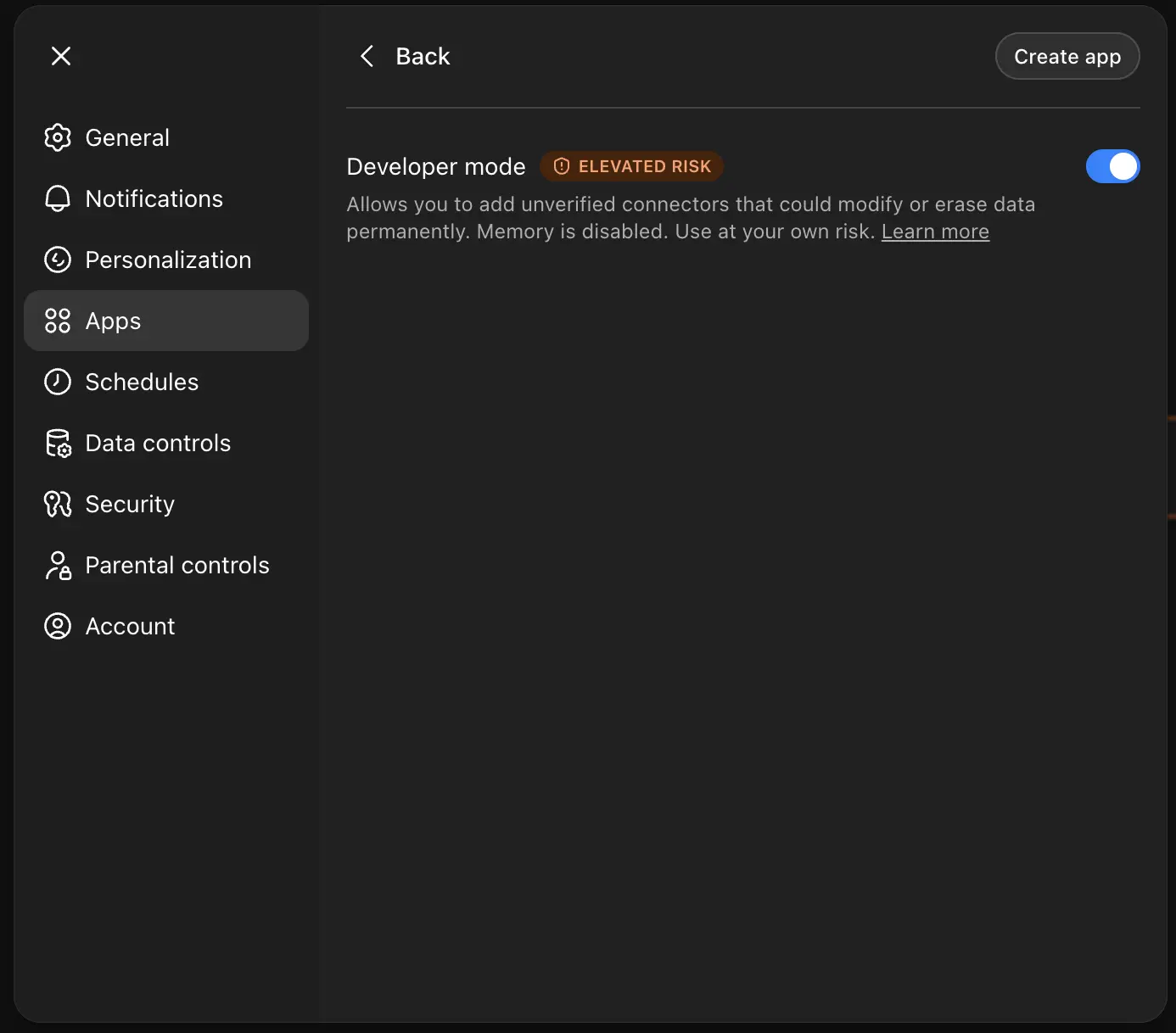 ChatGPT Advanced settings with Developer mode toggle