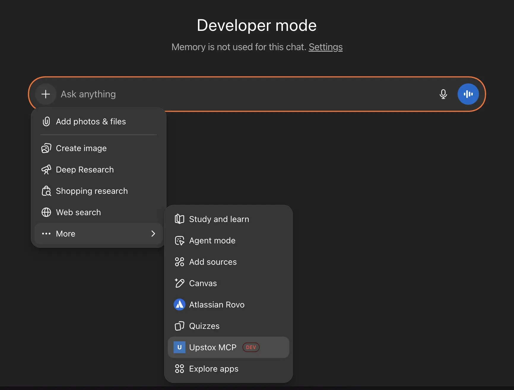 ChatGPT Chat with Upstox MCP selected in Connectors