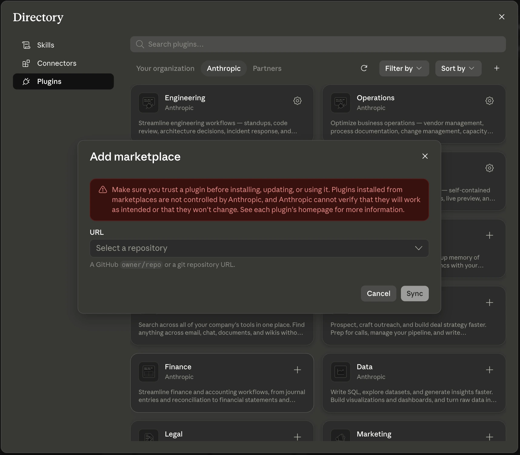 Claude app 'Add marketplace' dialog where you enter the upstox/upstox-plugin-marketplace repository