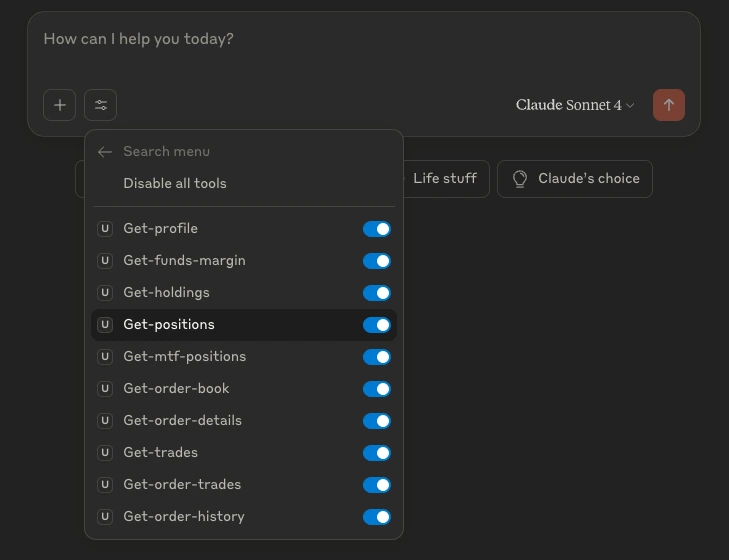 Upstox MCP tools listed in Claude after connecting - portfolio, margins, and market data resources visible in the UI