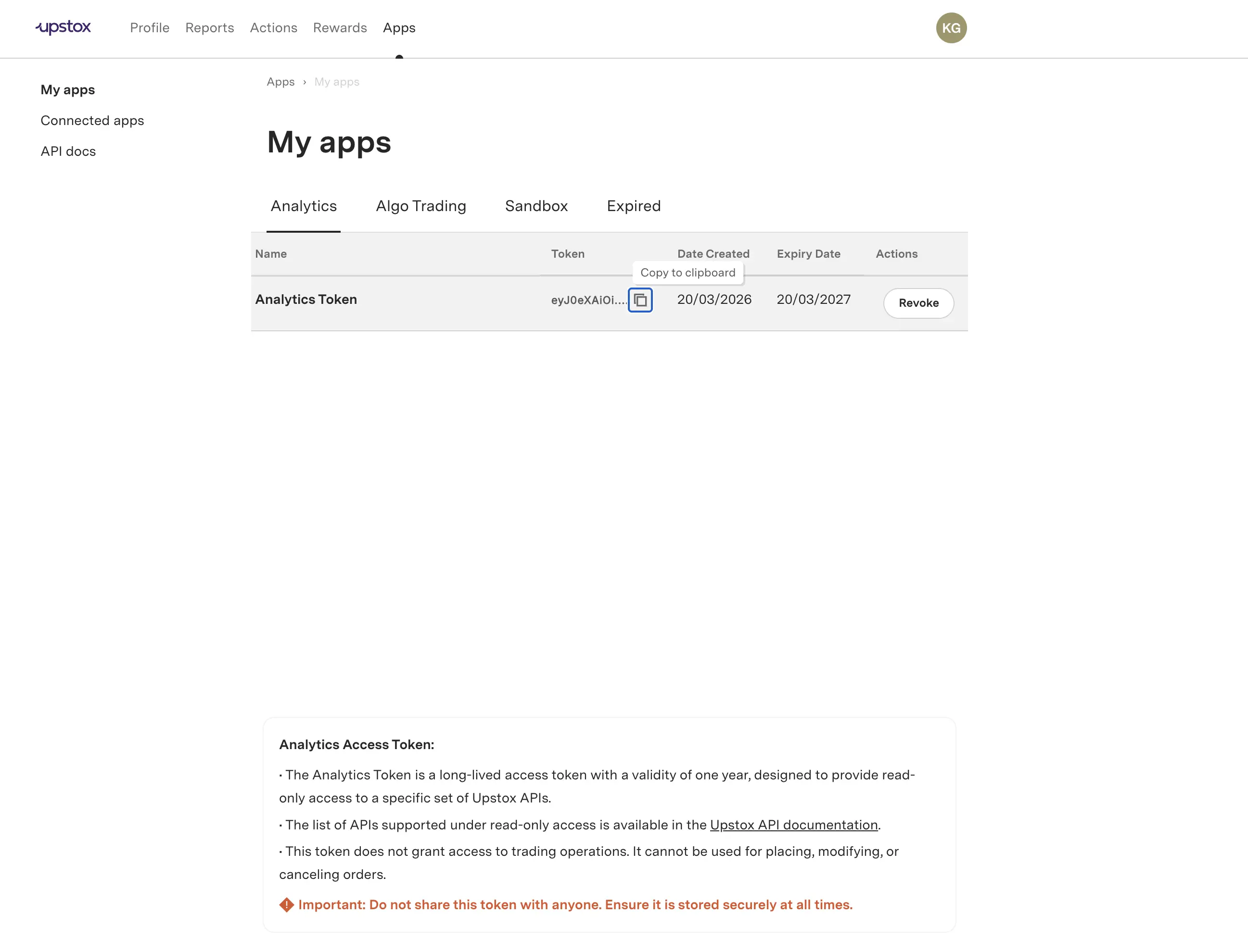 Copy icon next to the truncated token for copying to clipboard