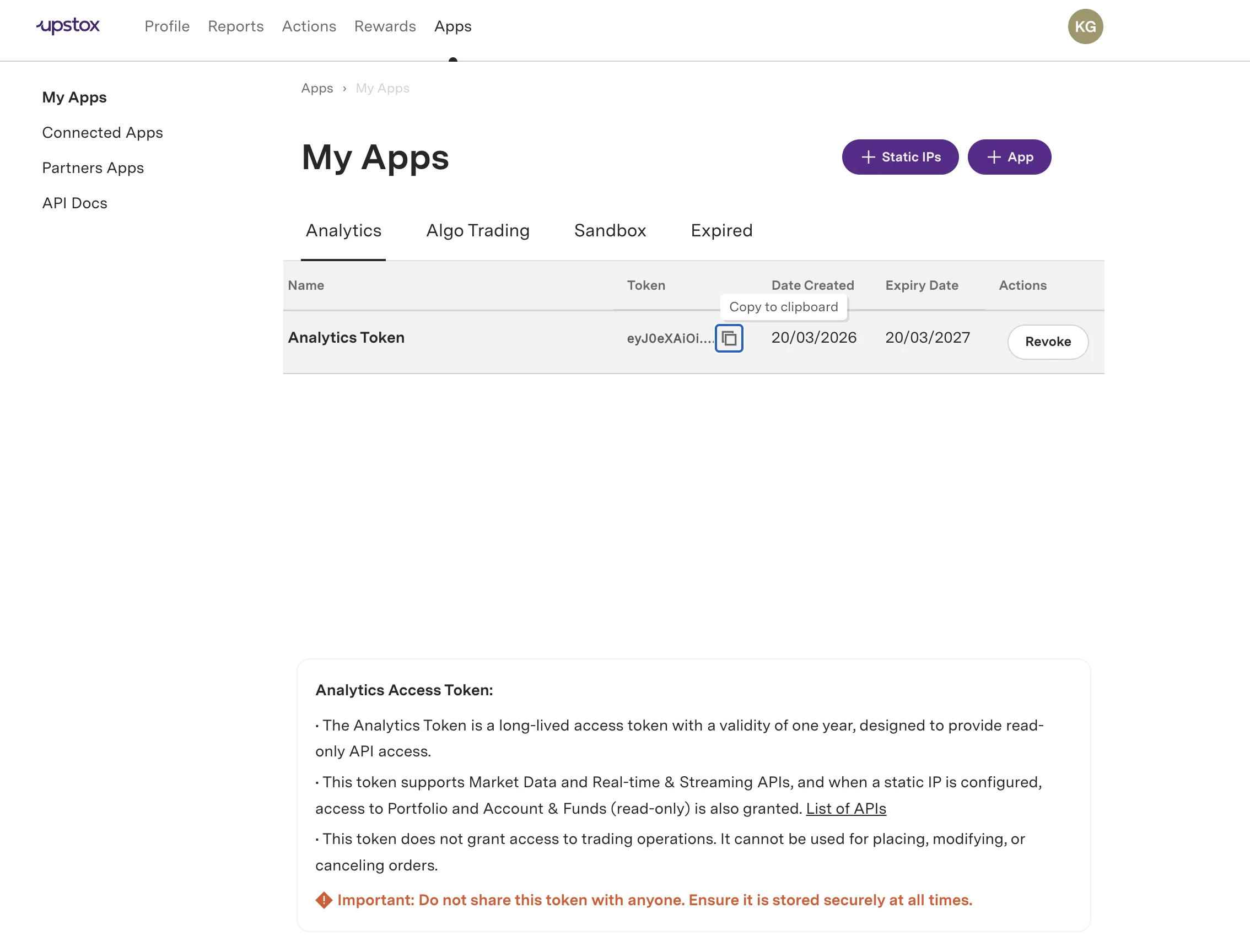 Copy icon next to the truncated token for copying to clipboard