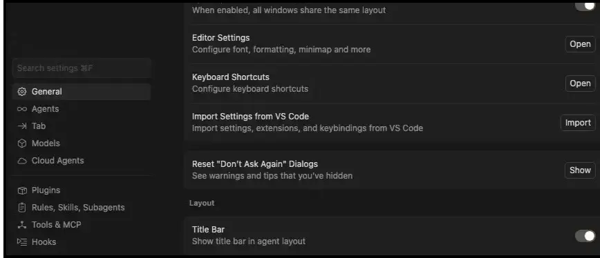 Cursor Settings with Tools and MCP section visible in the sidebar