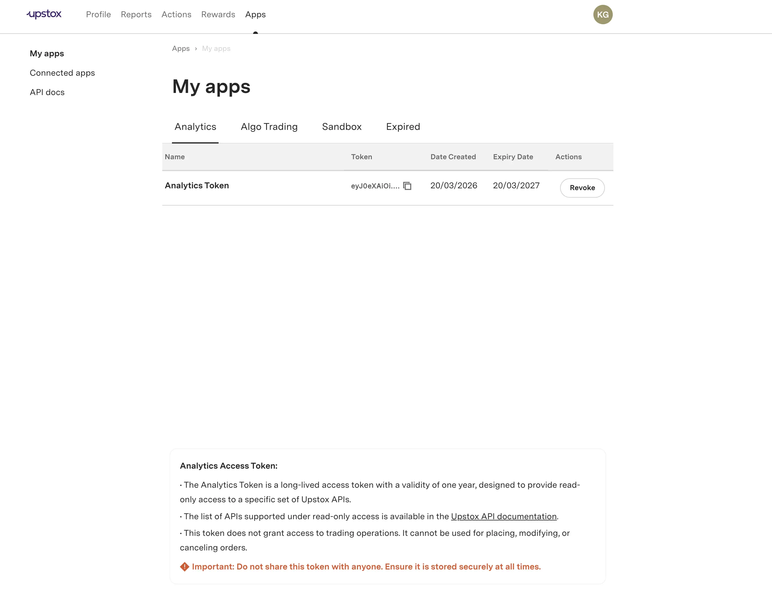 Generated token details including name, truncated token, dates, and revoke option