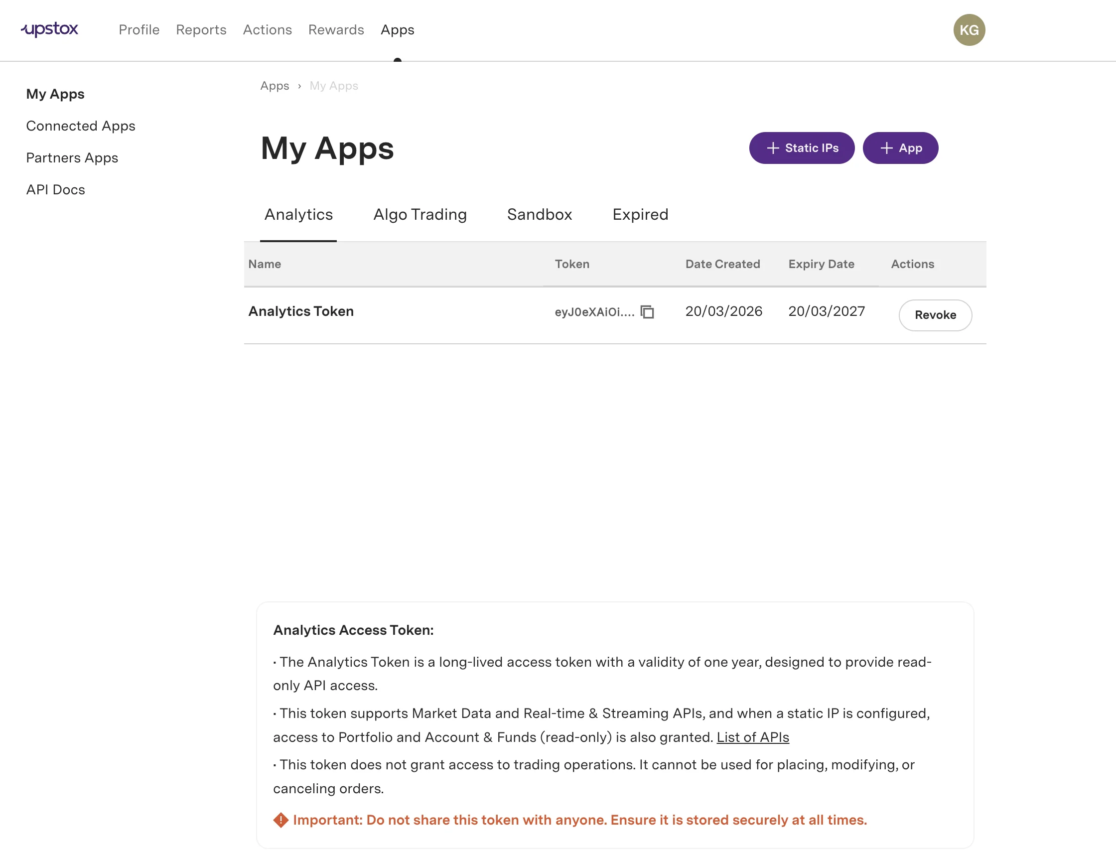 Generated token details including name, truncated token, dates, and revoke option