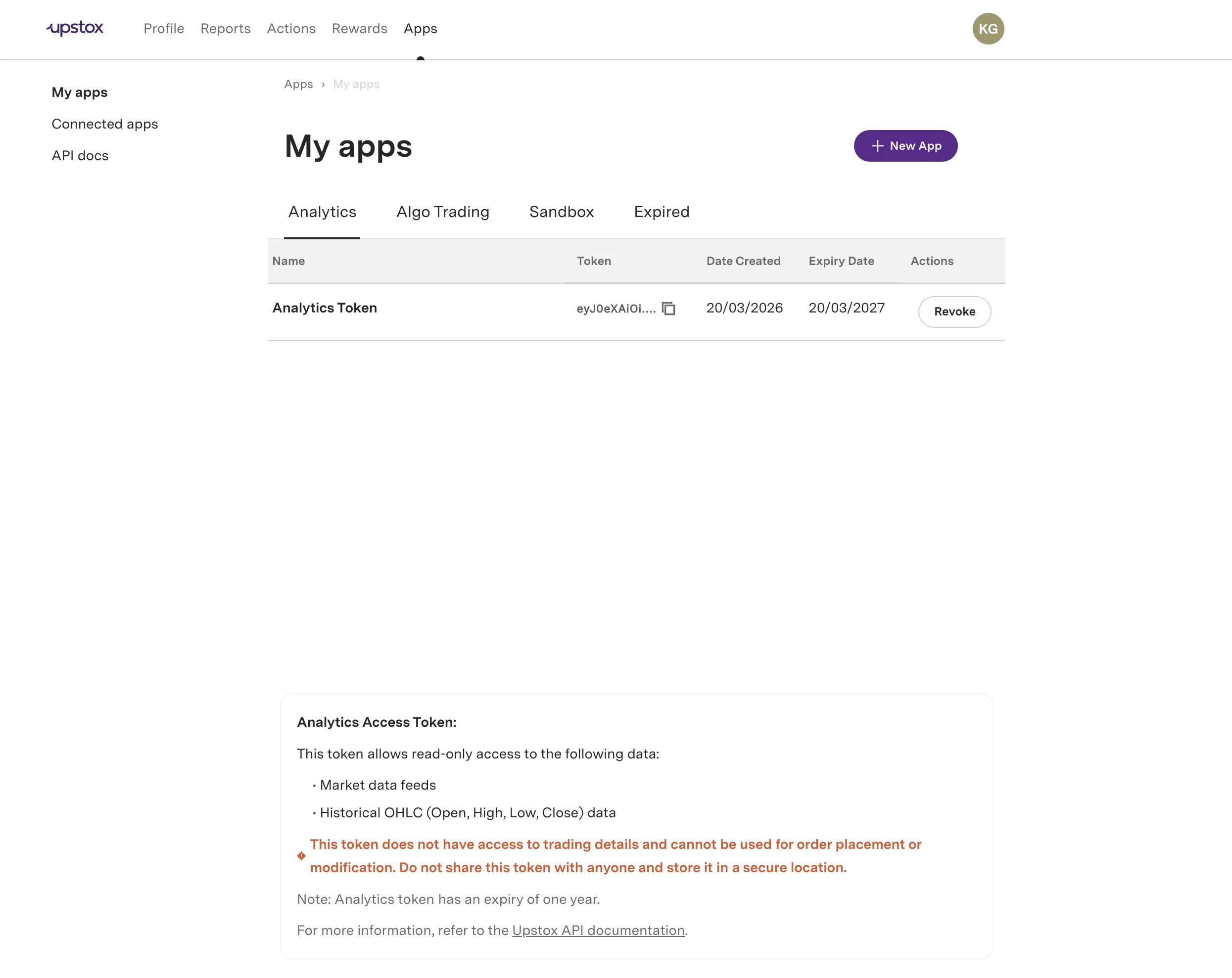 Generated token details including name, truncated token, dates, and revoke option