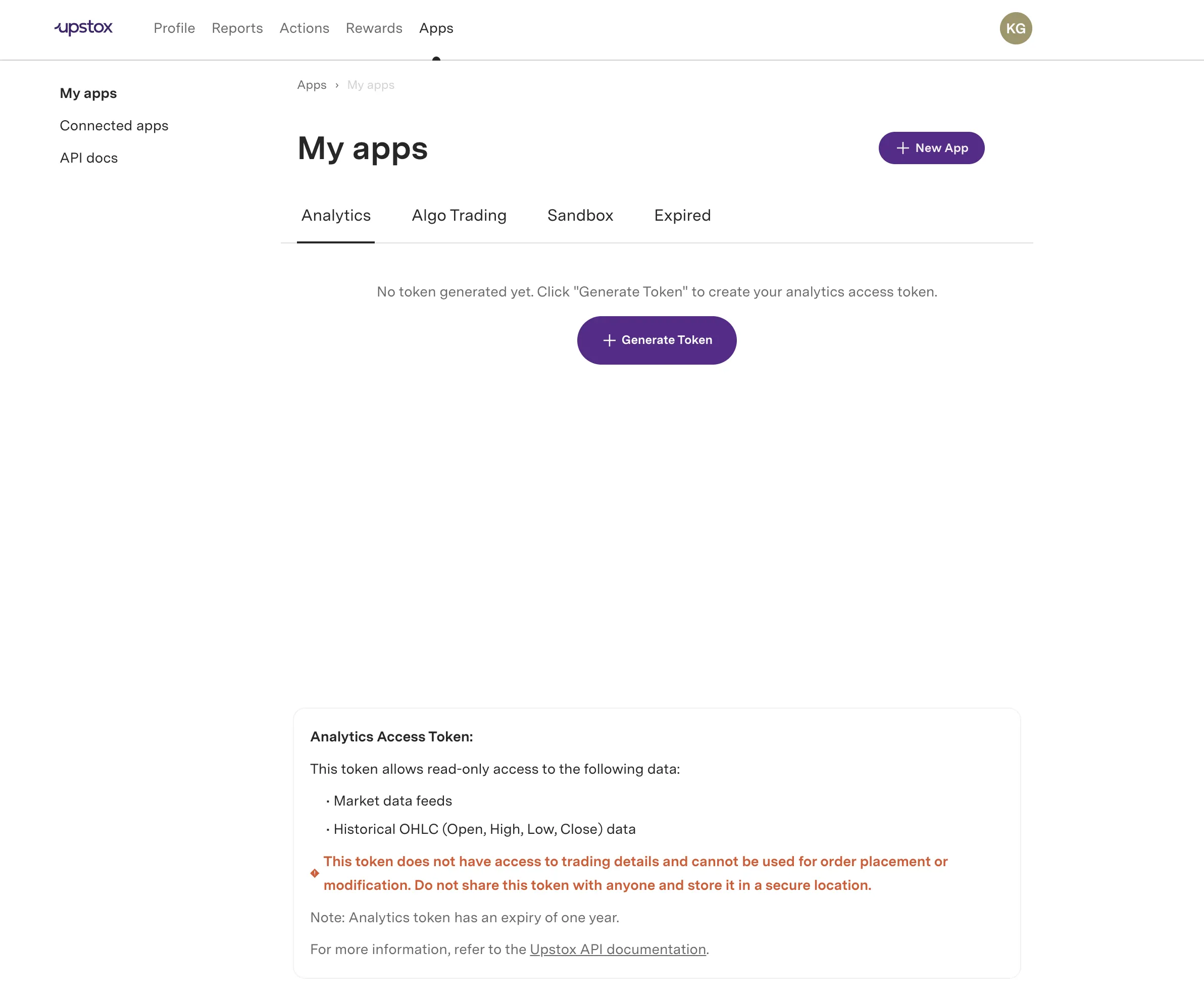 Analytics tab on the Upstox Developer Apps page