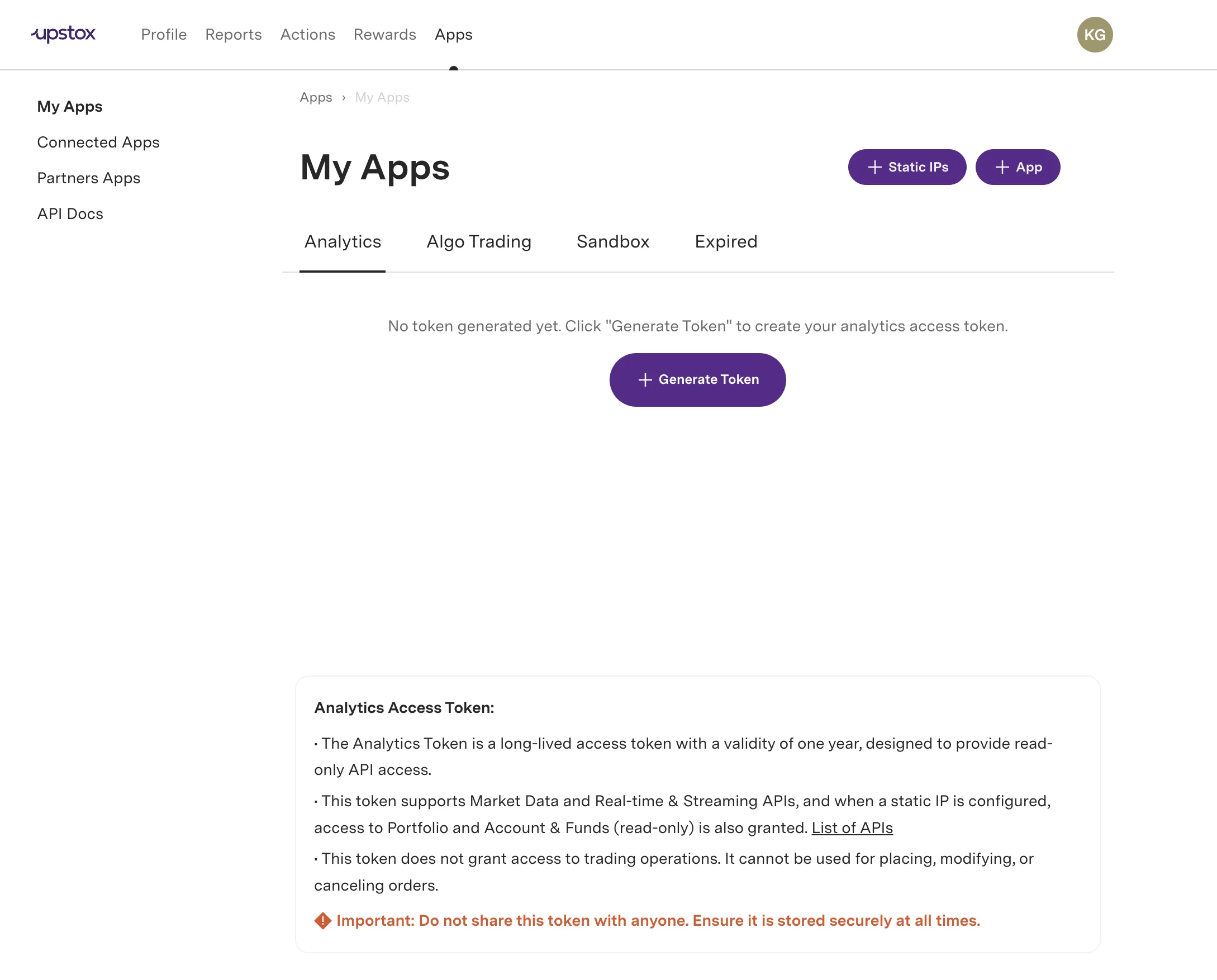 Analytics tab on the Upstox Developer Apps page
