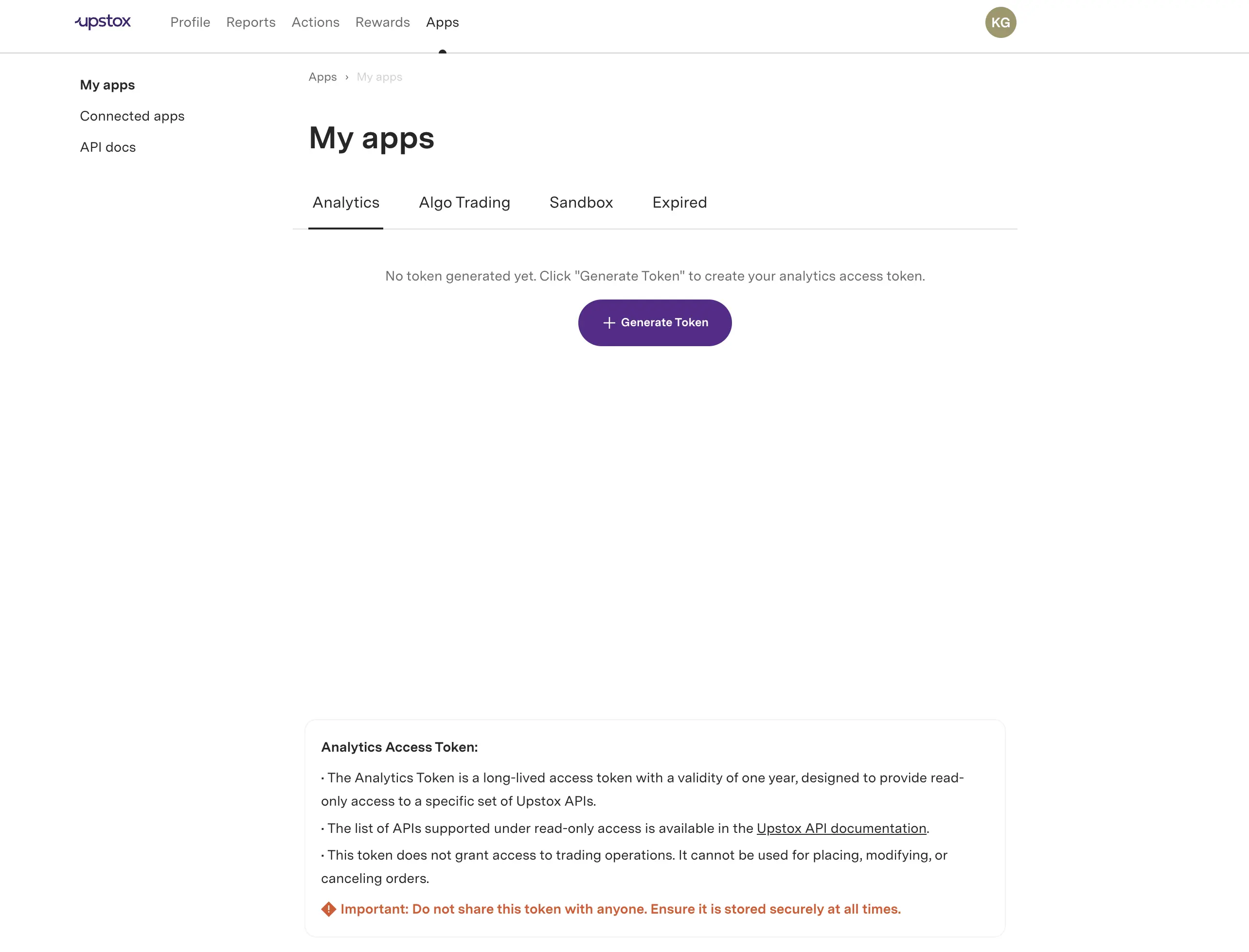 Analytics tab on the Upstox Developer Apps page