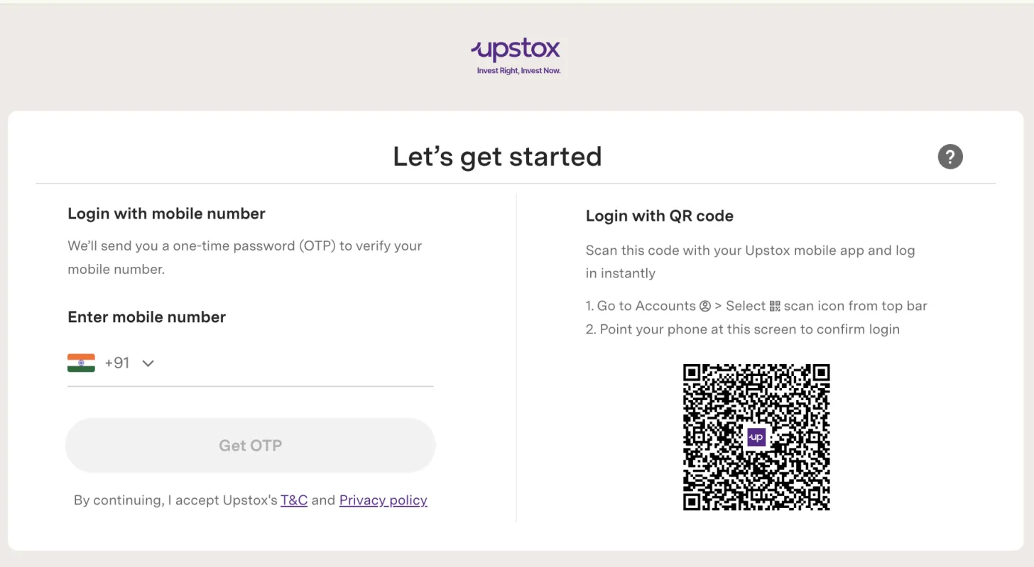 Upstox login page sign-in screen