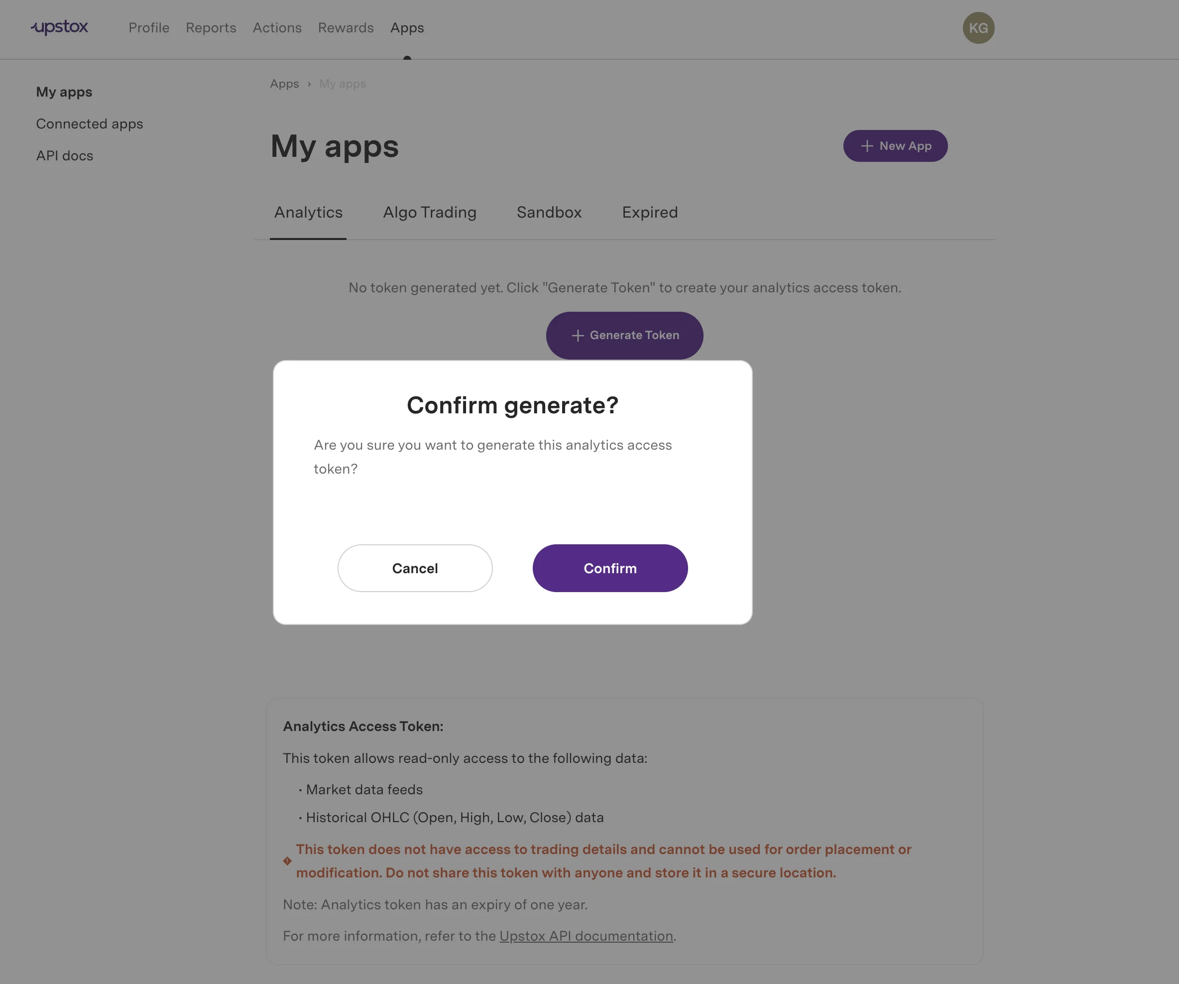 Token generation confirmation dialog
