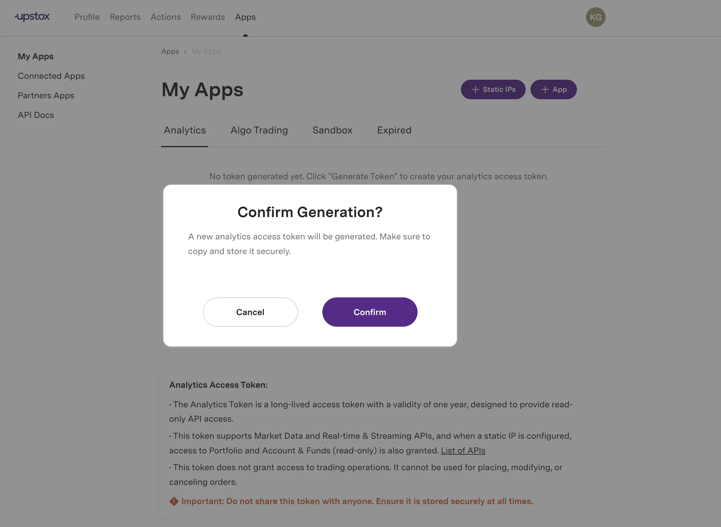Token generation confirmation dialog