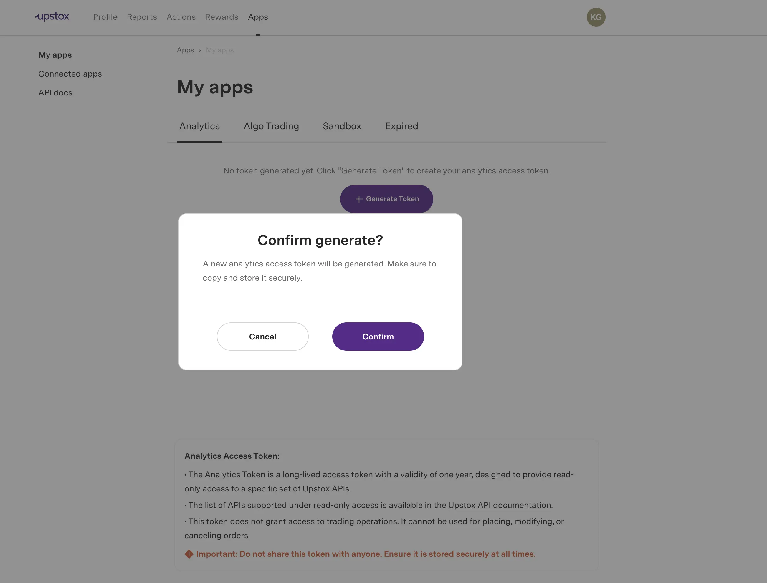 Token generation confirmation dialog